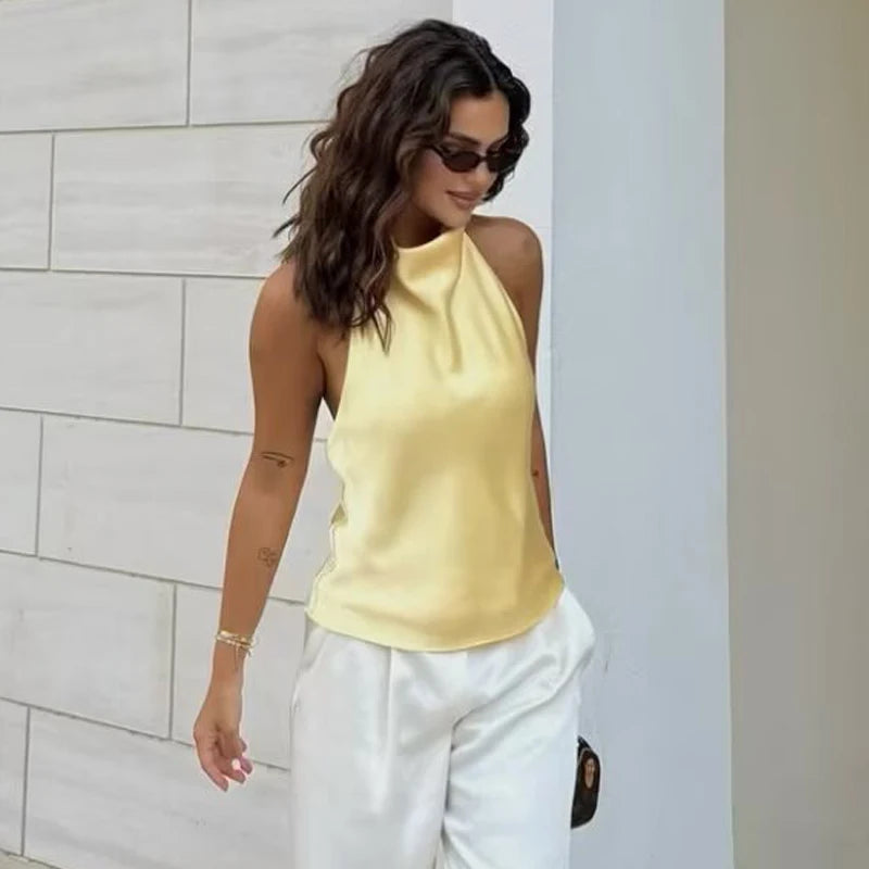 Women Satin Halter Corset Top Backless Elegant Tank Vest