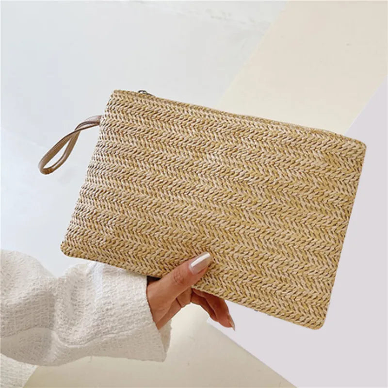 Woven Straw Wristlet Clutch Wallet for Women