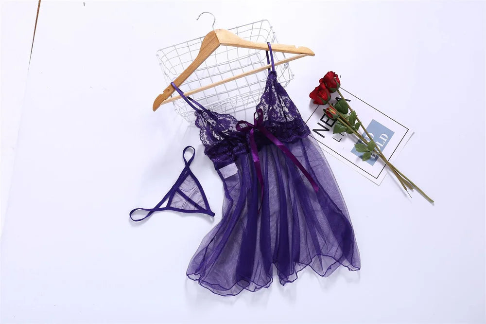 Women Crotchless Sleepwear Pajamas Lace Night Dress