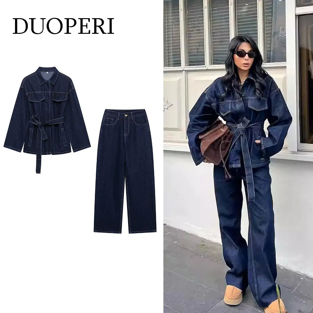 Women Denim Jacket and Jeans 2 Piece Set Belted Fashion Outfit