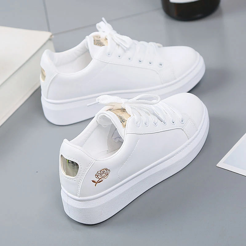 Women Embroidered Lace Up White Shoes