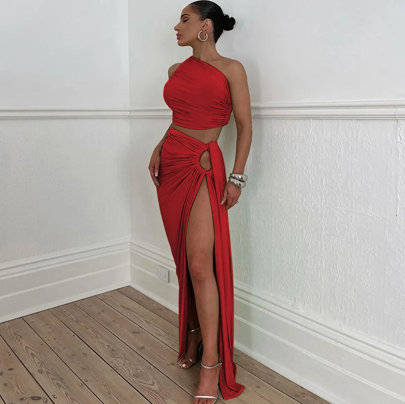 Women Sleeveless Crop Top and Slit Long Skirt 2 Piece Party Set