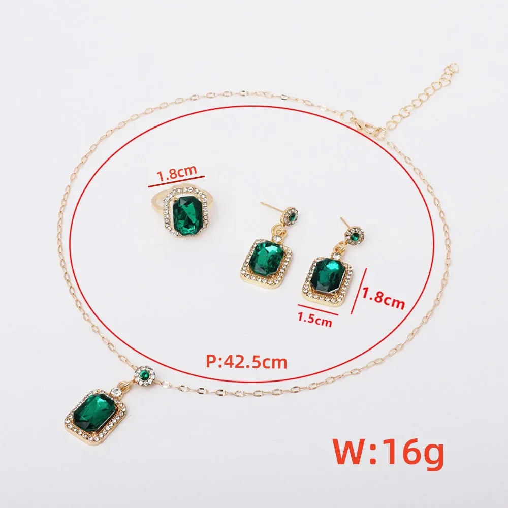 Women Rhinestone Quadrate Necklace Earrings Ring Jewelry Set