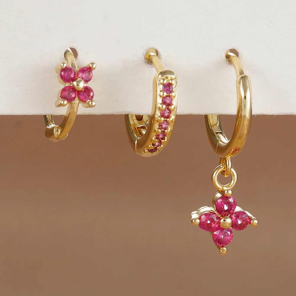 Women Zircon Flower Dangle Earrings Set Jewelry