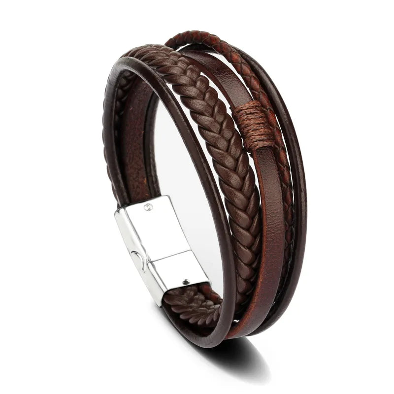 Men Multilayer Leather Rope Stainless Steel Bracelet