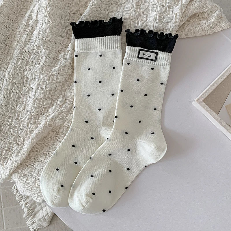 Polka Dot Frilly Long Socks for Women
