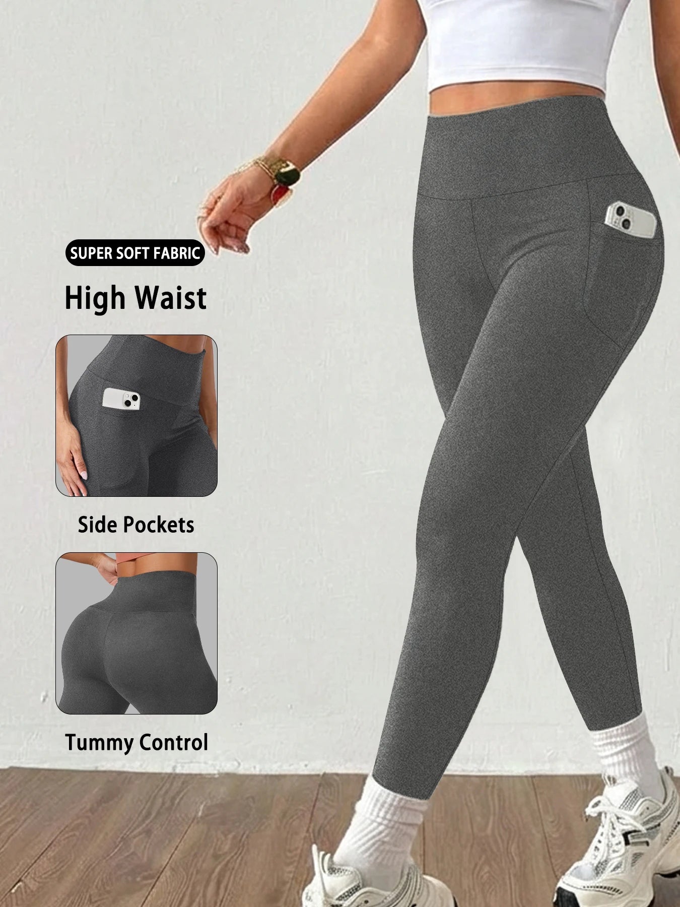 Women High Waisted Yoga Leggings with Pockets Tummy Control