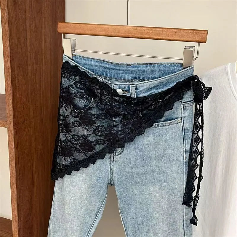 Women's Lace Trim Triangle Short Skirt Korean Style Stacked Half Skirt Small Apron Butt Curtain Soft Chiffon Fashion