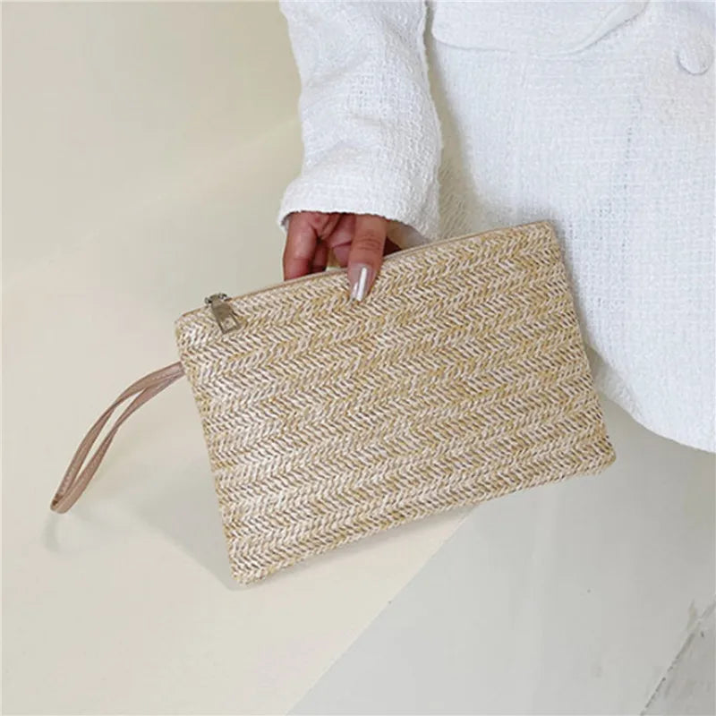 Handmade Straw Woven Clutch Wristlet Bag for Women
