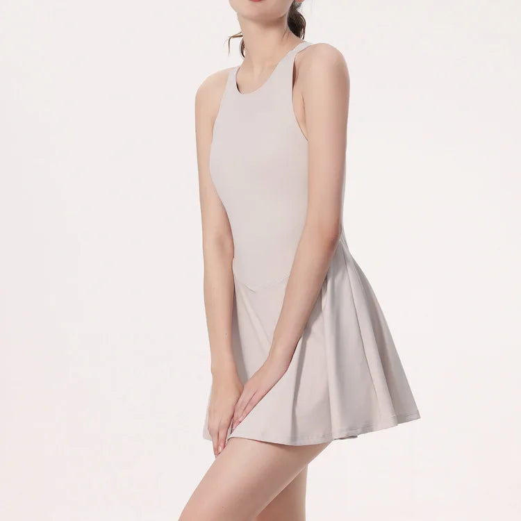 Women Summer Tennis Dress Solid Color Backless Dress