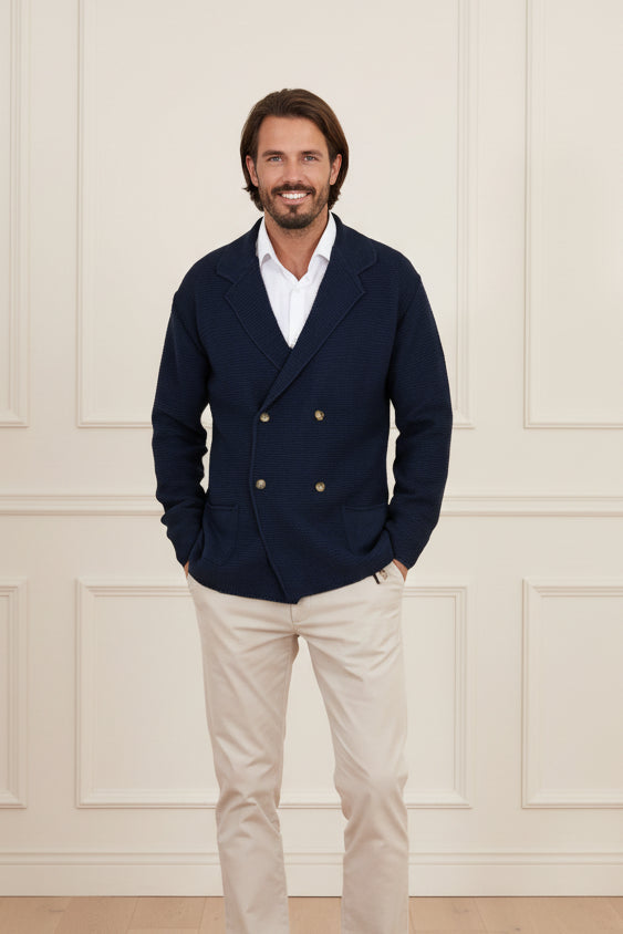 Men Peaked Lapel Knit Cardigan Coat
