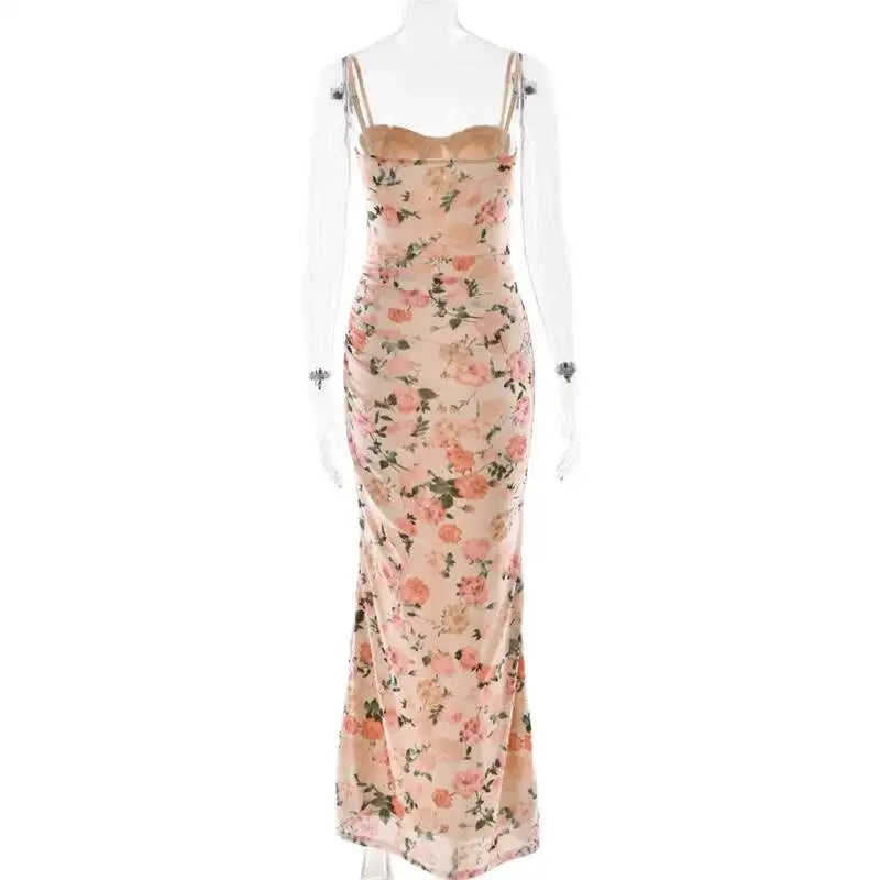 Women Floral Print Backless Maxi Bodycon Dress
