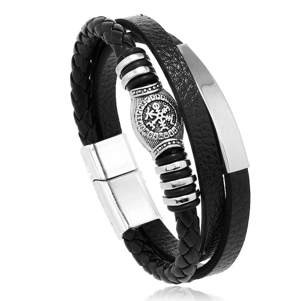 Men Multilayer Leather Rope Stainless Steel Bracelet