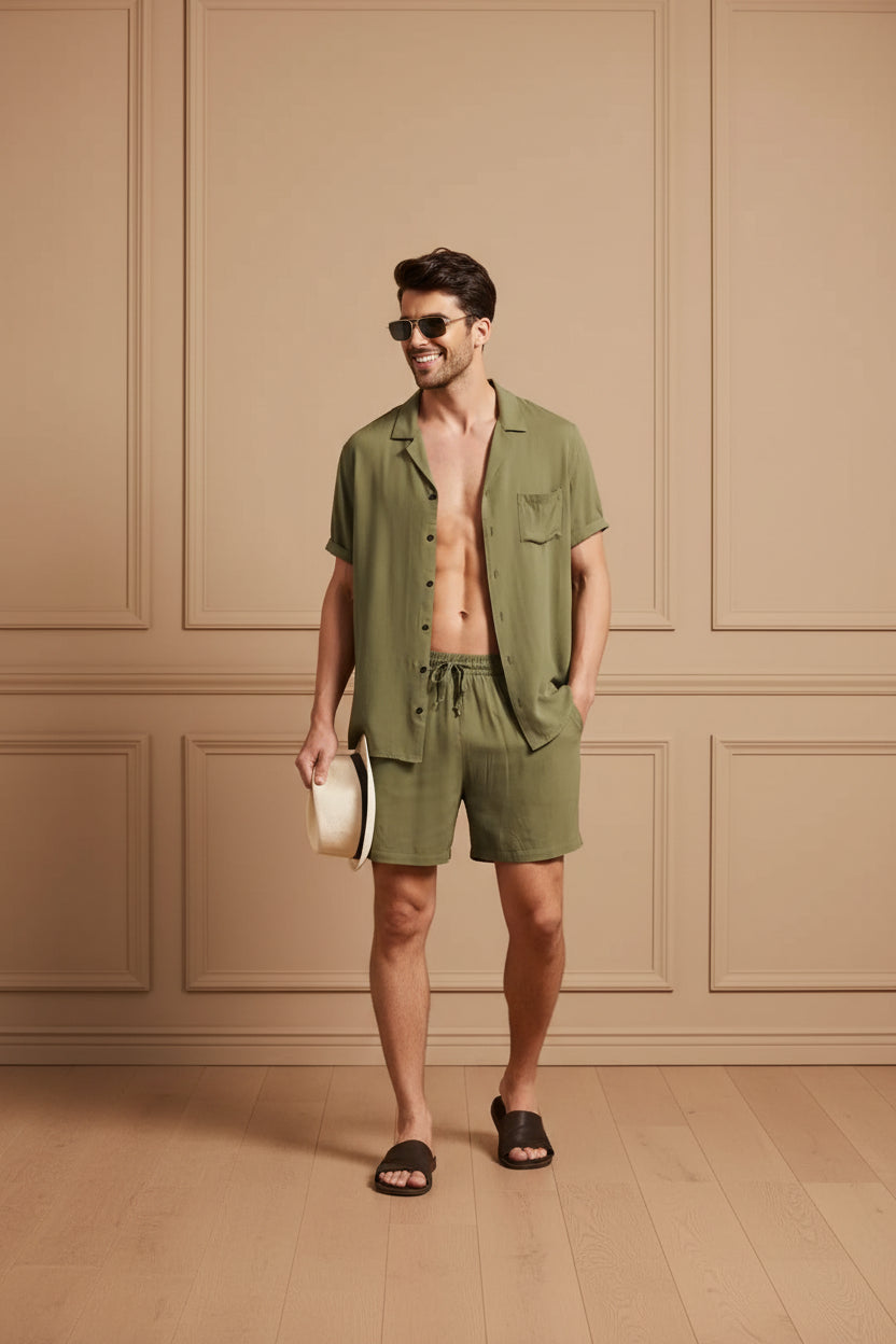 Men Cotton Linen Shirt Shorts Set