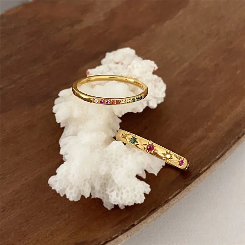 Women Rainbow Zircon Stainless Steel Star Rings Set