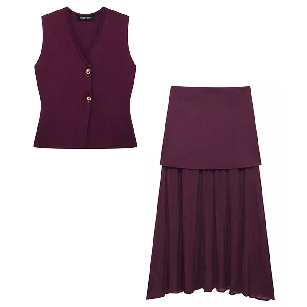 Women Knitted Skirt Set V Neck Sleeveless Vest High Waist Skirt Outfit