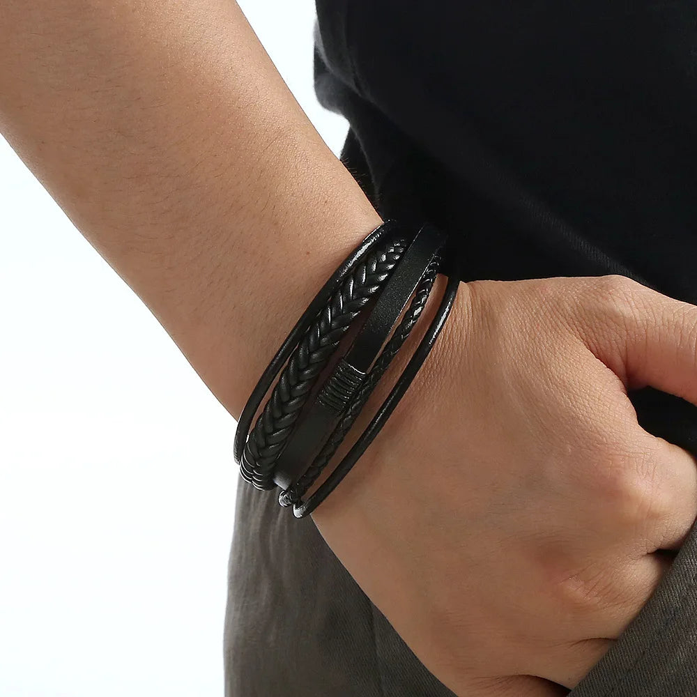Men Genuine Leather Multilayer Braided Bracelet