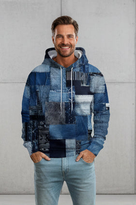 Men Denim Print 3D Graphic Hoodie Sweatshirt