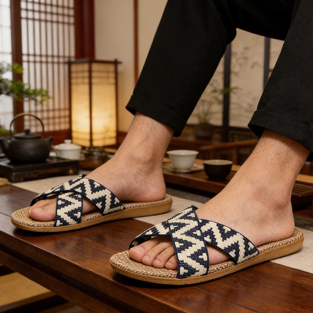 Men Slippers Lightweight Indoor Linen Slippers Antislip Home Shoes Summer Flat Sandals Casual Slippers Bedroom Slippers