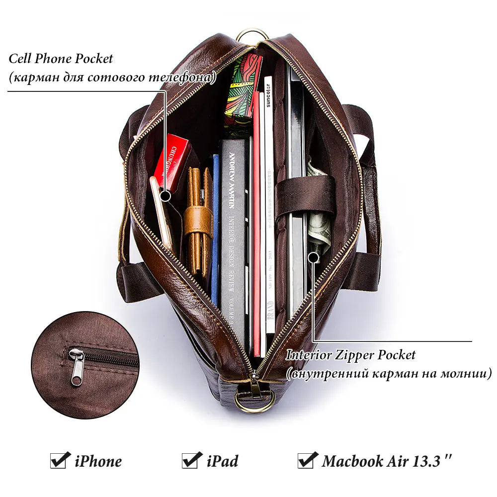 Genuine Leather Business Laptop Briefcase Messenger Bag for Men