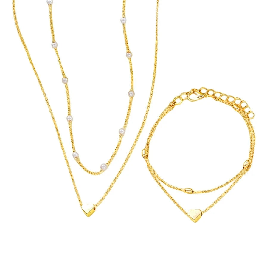 Women Pearl Heart Necklace Bracelet Jewelry Set