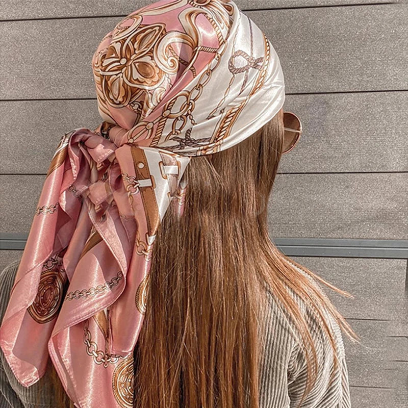 Women Silk Printed Square Hijab Scarf Shawl