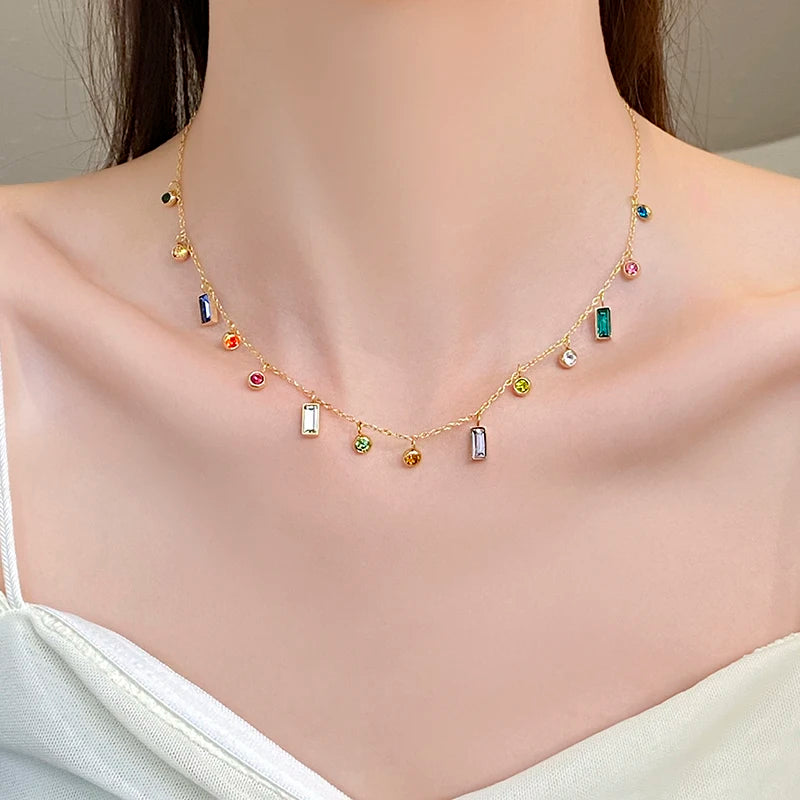 Women Colorful Zircon Stainless Steel Short Chain Necklace