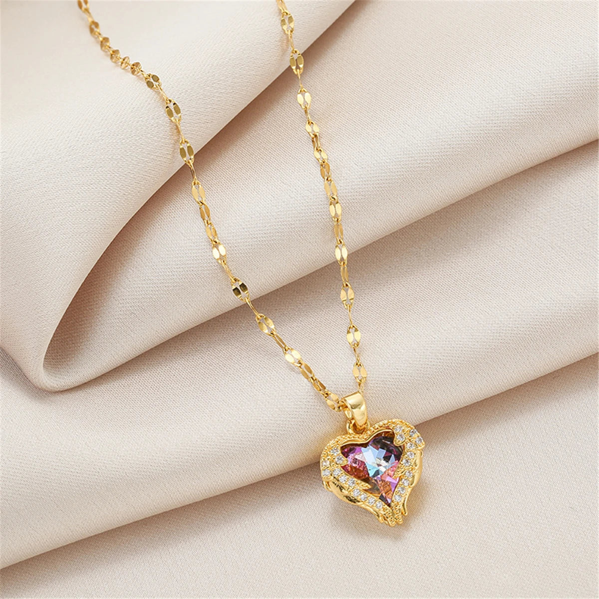 Women Crystal Ocean Heart Pendant Stainless Steel Necklace