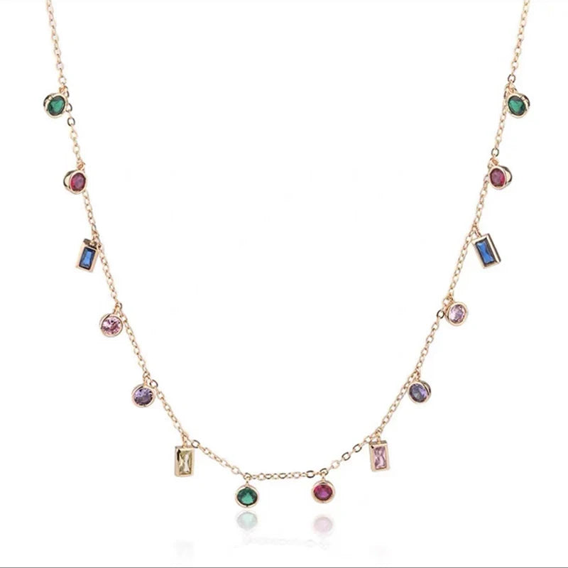 Women Colorful Zircon Stainless Steel Short Chain Necklace