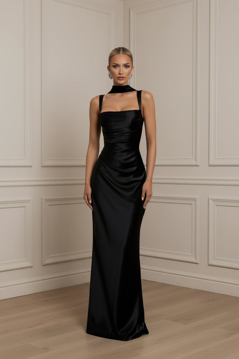 Women Satin Halter Backless Bodycon Maxi Dress