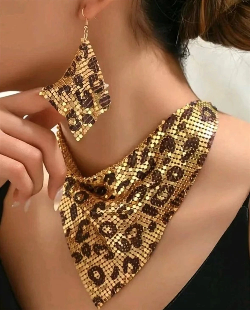 Women Leopard Print Bib Necklace Earrings Jewelry Set