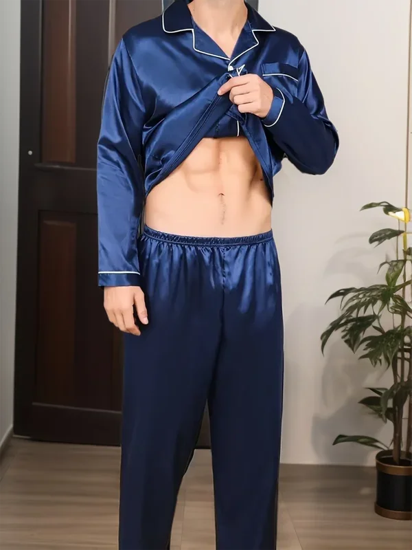 Men Microfiber Satin Pajama Set Long Sleeve Sleepwear