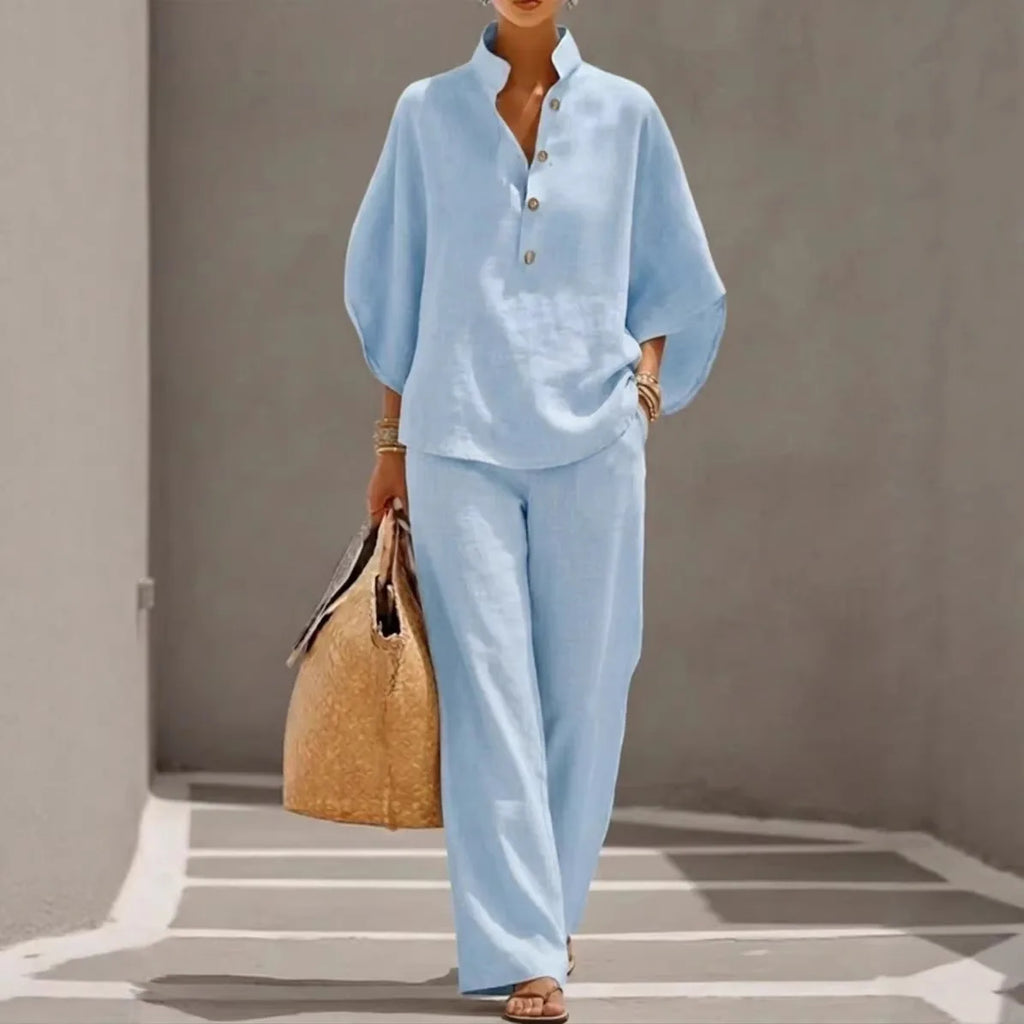 Women Cotton Linen 2 Piece Set Office Suit