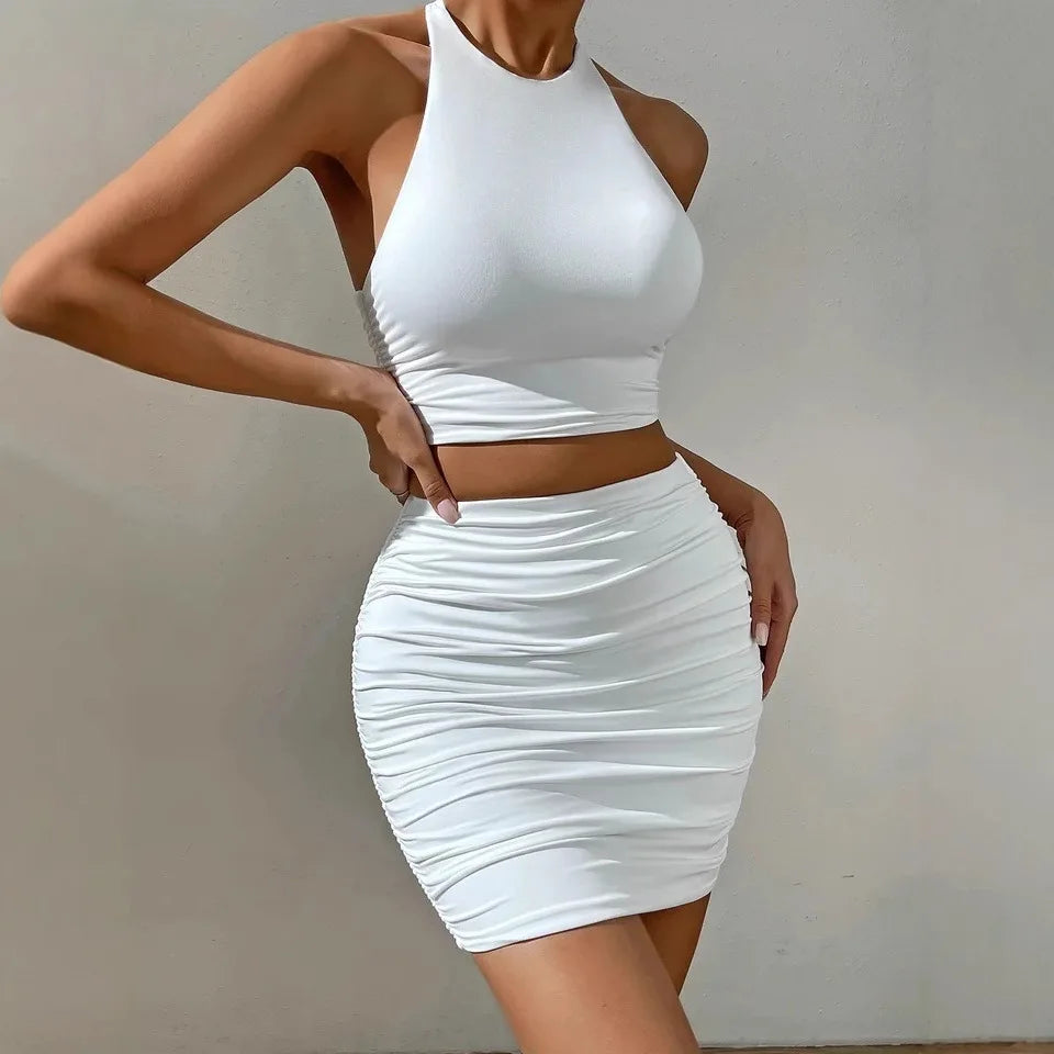 Women Strapless Halter Vest Set Summer Sexy 2 Piece Outfit