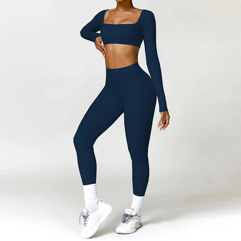 Women 2 Piece Yoga Set Long Sleeve Sports Top and Leggings
