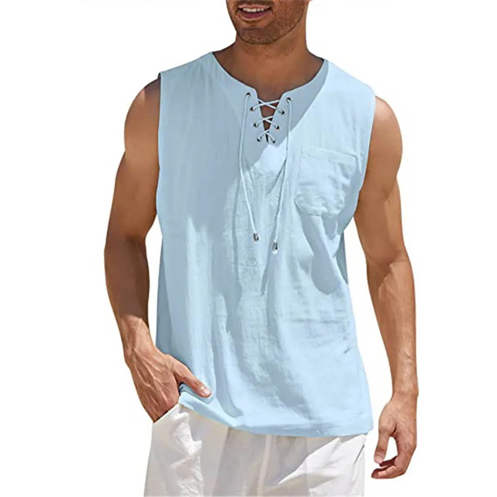 Men Sleeveless V Neck Beach Shirt
