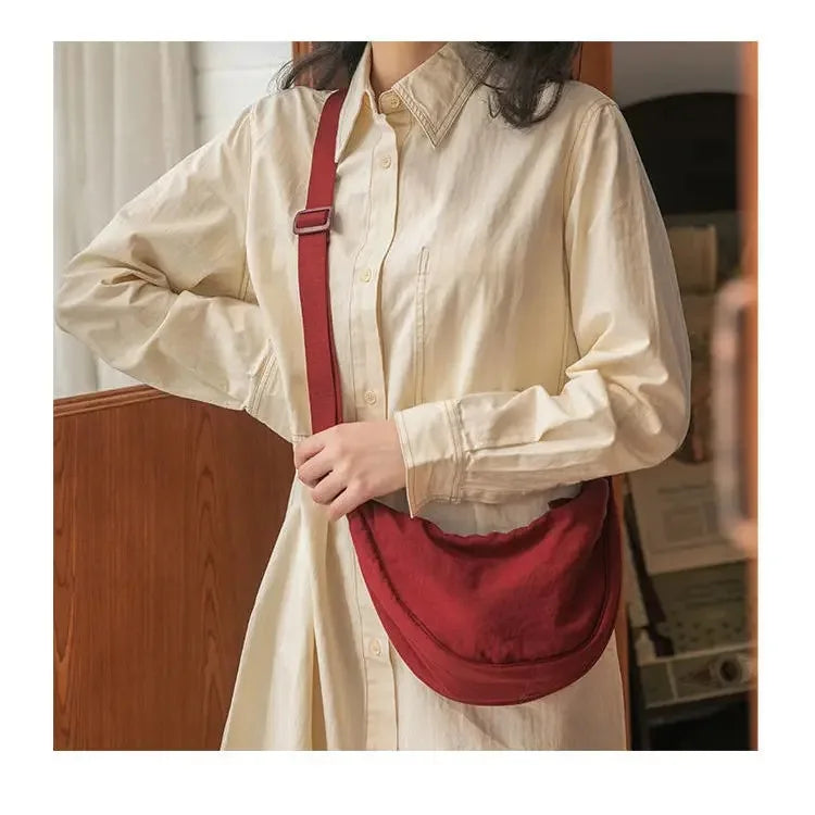 Men and Women Solid Color Chest Bag for Large Capacity Travel Crossbody Female Half Moon Bag Daily Cotton Filled Shoulder Bag