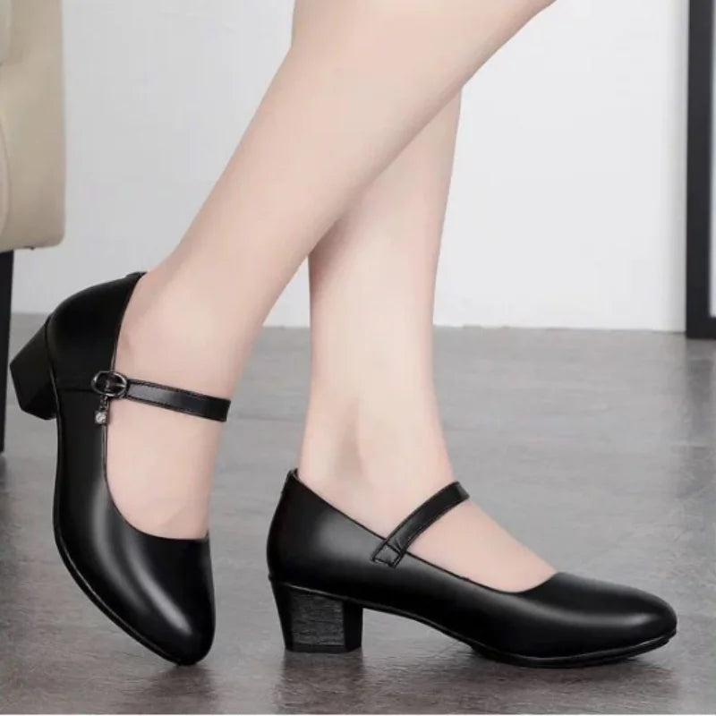 Women Soft Leather Medium Heel Pumps