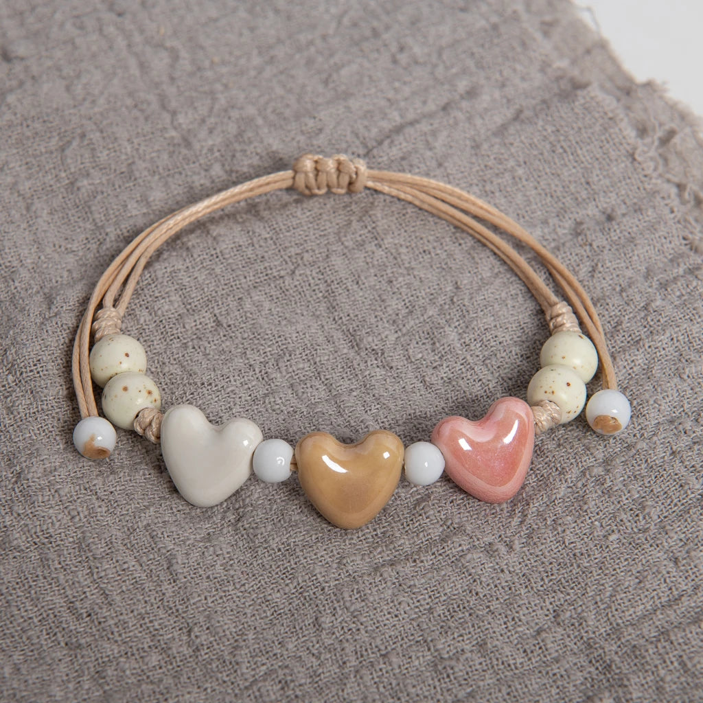 Women Handmade Ceramic Triple Heart Adjustable Cord Bracelet