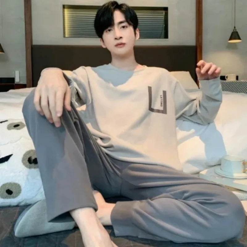 Plus Size Men Pajama Set Long Sleeve Two Piece Sleepwear