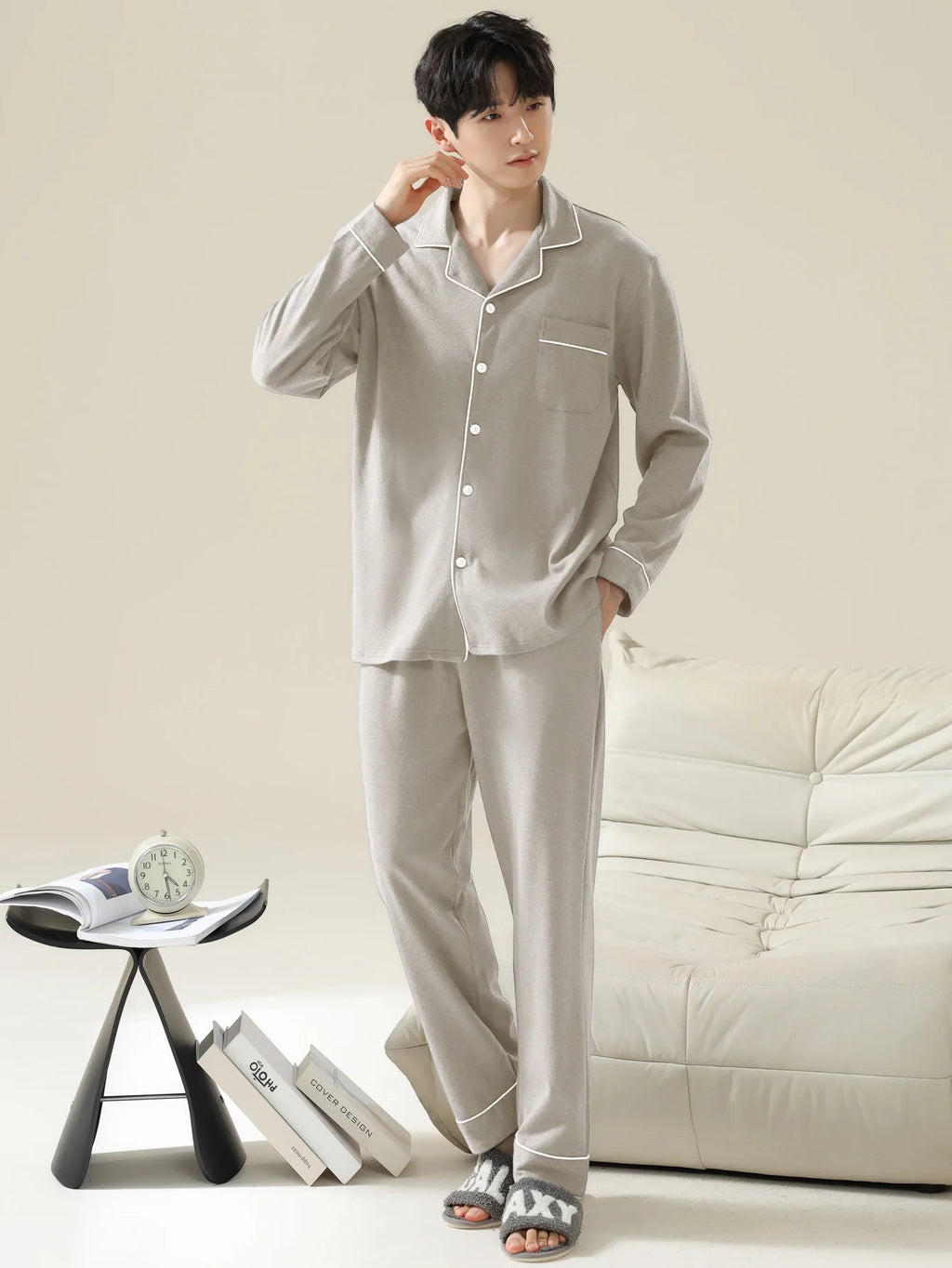 Men Cotton Long Sleeve Pajama Set Sleepwear