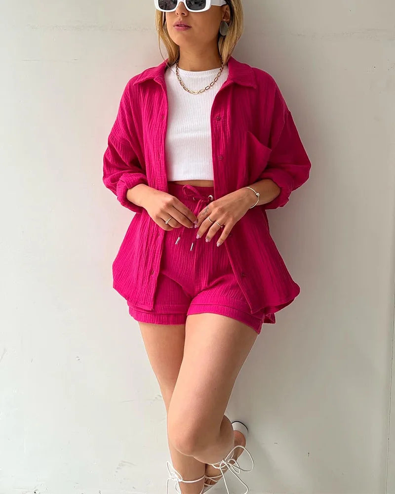 Women Muslin 2 Piece Short Set Button Casual Summer Outfit