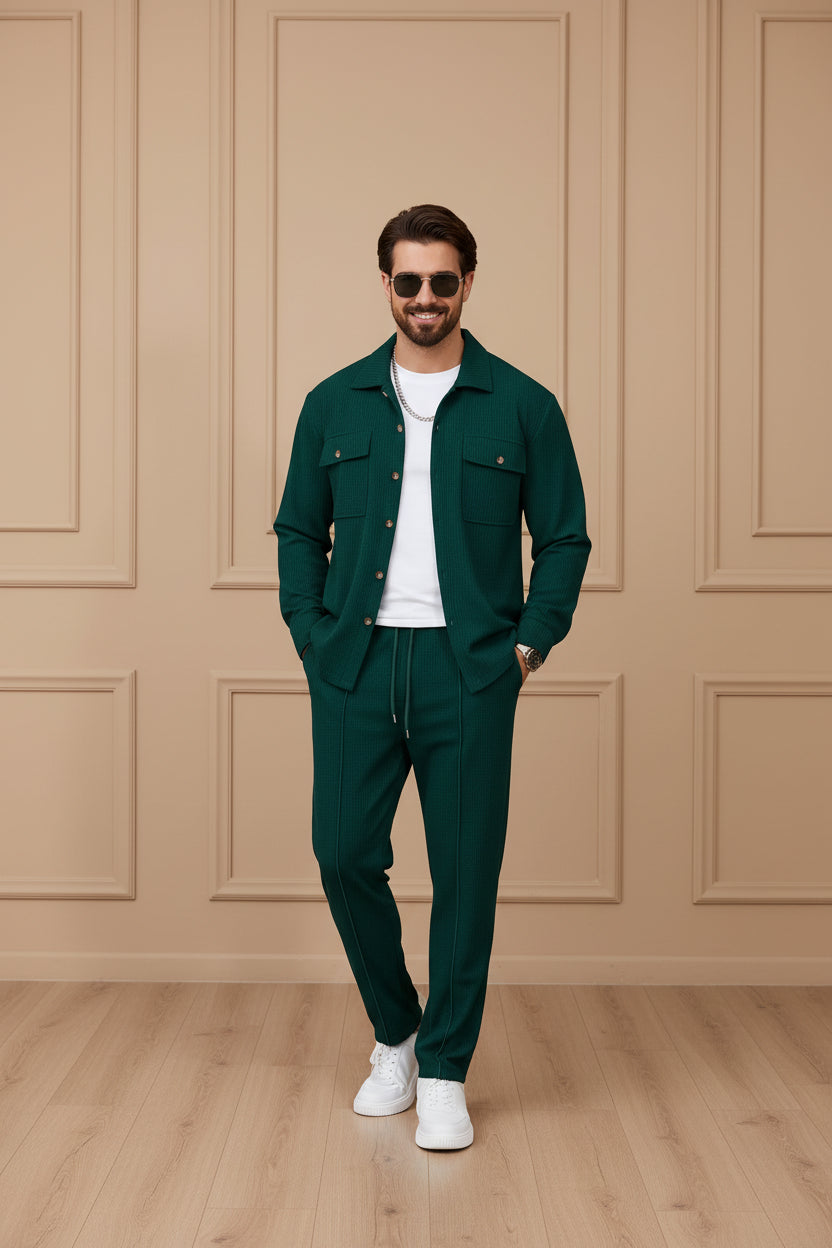 Men Waffle Knit Long Sleeve Pants Set