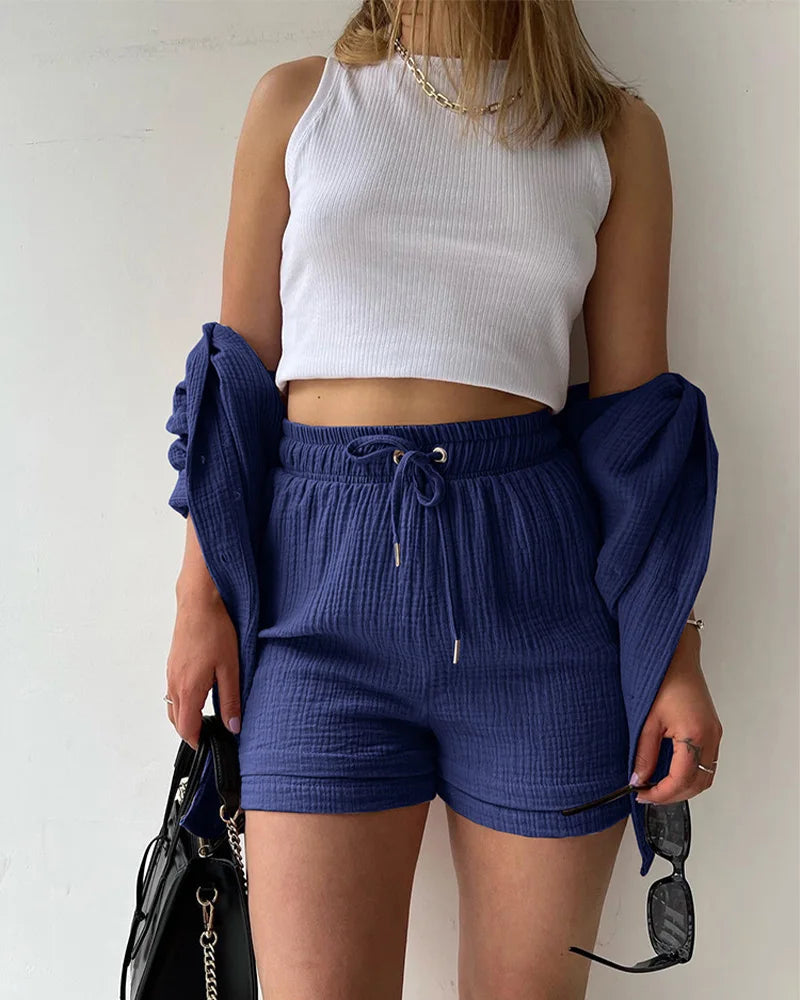 Women Muslin 2 Piece Short Set Button Casual Summer Outfit