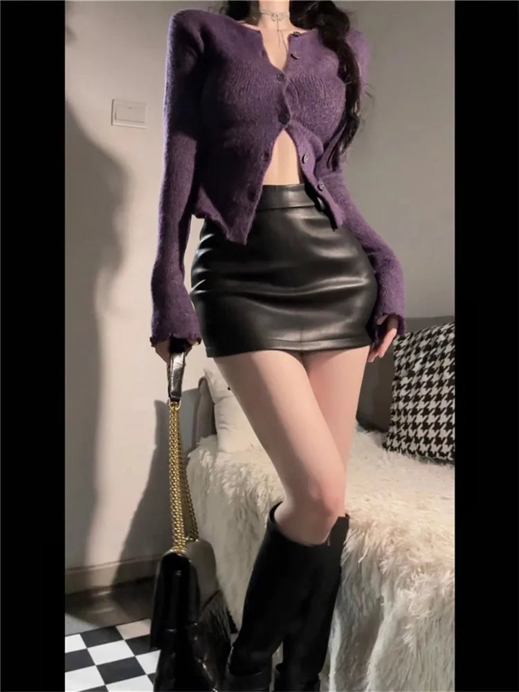 Women Leather Matte Slim Mini Skirt