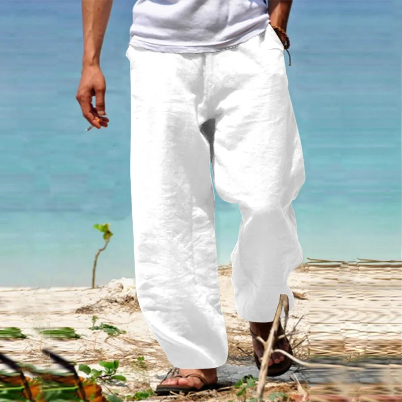 Men Cotton Linen Drawstring Jogger Pants Casual Trousers