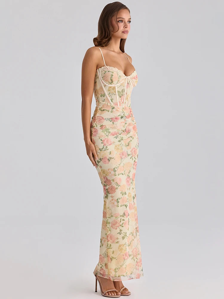 Women Floral Print Backless Maxi Bodycon Dress