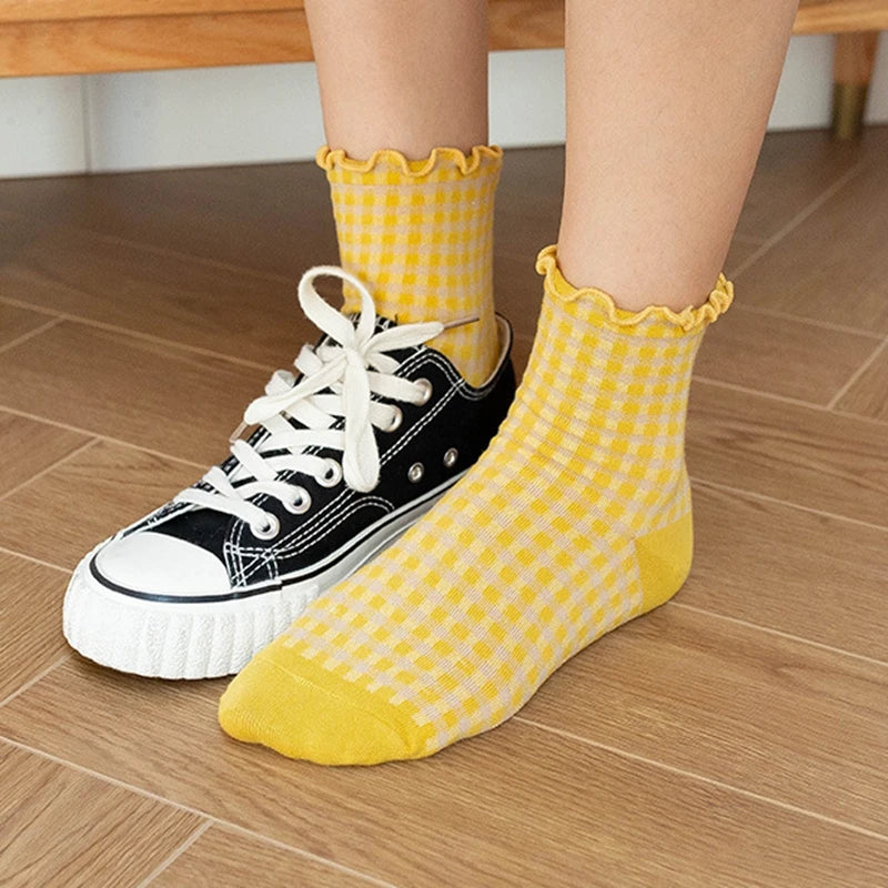 Checkered Cotton Crew Socks for Women