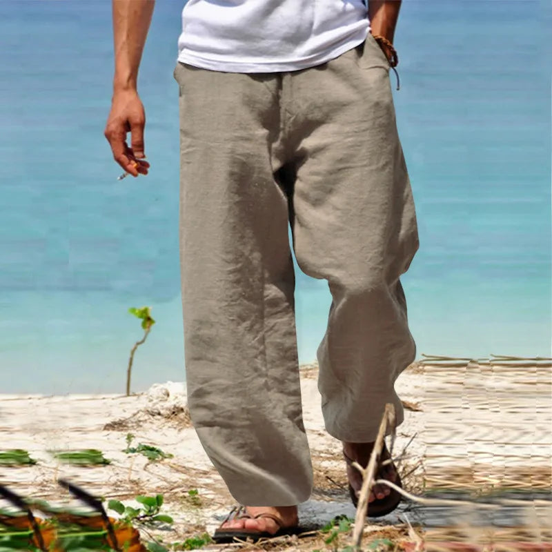Men Cotton Linen Drawstring Jogger Pants Casual Trousers