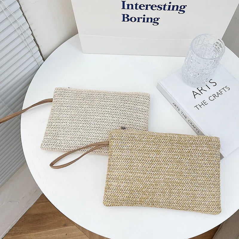 Woven Straw Wristlet Clutch Wallet for Women